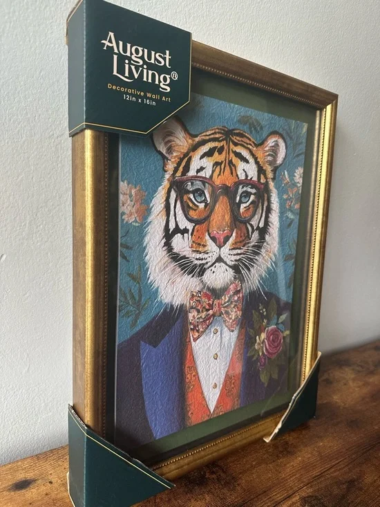 Framed Tiger Portrait Wall Art Tiger in Blue Suit Bow Tie Glasses Gold Frame NWT - Picture 4 of 4